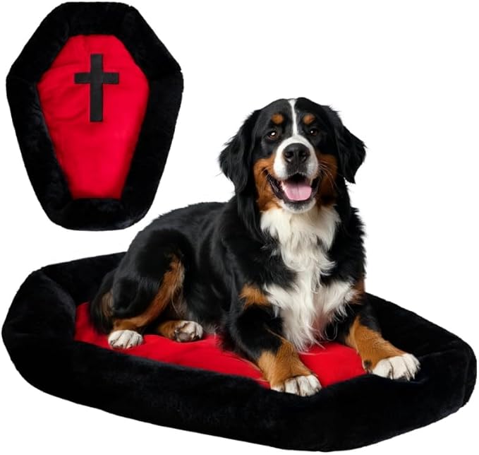 Cat Beds for Indoor Cats, Gothic Cat Beds Fits up to 40 lbs, Washble Coffin Dog Bed, Fluffy Pet Bed, Halloween House 32 * 22.4 Inch, Red & Black Large
