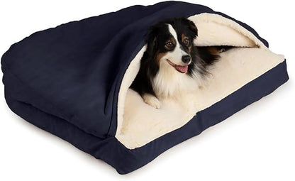 Snoozer Rectangle Cozy Cave Dog Bed - Indoor Dog Bed with Cover Cave, Covered Calming Burrow for Large Sized Pets with Blanket Attached, Enclosed, Washable Cover - XL, Navy