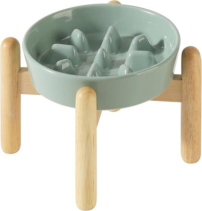 Ceramic 0.9 Cup Dog Raised Slow Feeder Set, Elevated Bowl with Wooden Stand for Small Dog, 6.1inch Pet Slow Feeder Dish for Fast Easters, Preventing Choking (Light Green, Single Bowl+ Stand)