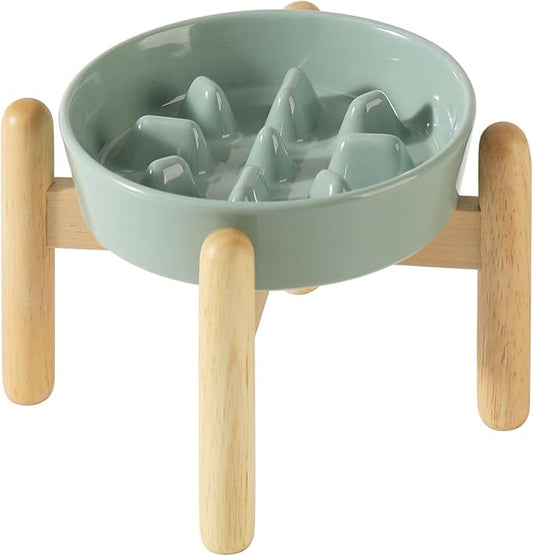Ceramic 0.9 Cup Dog Raised Slow Feeder Set, Elevated Bowl with Wooden Stand for Small Dog, 6.1inch Pet Slow Feeder Dish for Fast Easters, Preventing Choking (Light Green, Single Bowl+ Stand)
