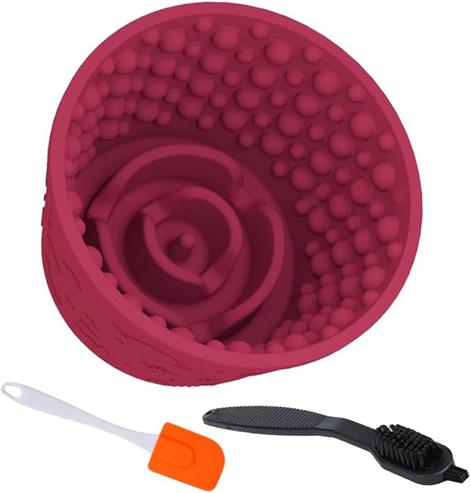 Dog Lick Bowl with Brush and Scraper, Anxiety Relief Silicone Slow Feeder Treat Dispenser, Anti-chocking Pet Dish, Non-Slip Interactive Entertainment Dog Puzzle Toy for Medium & Large-Dark Red