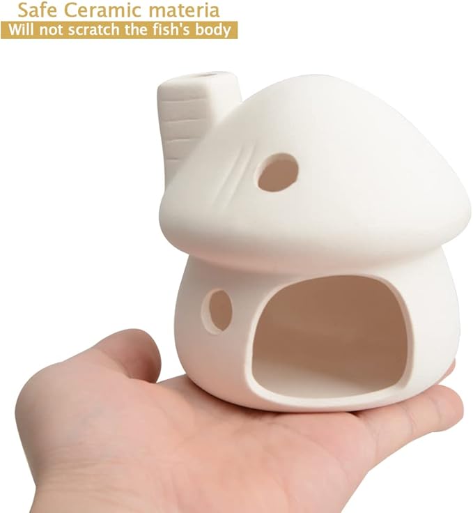 ZYHW Aquarium Decor Ceramic Mushroom House Ornament Fish Tank Landscape Decoration Pottery Hide Cave Habitat Hut Small Shrimp for Goldfishes to Rest Breed Hiding (White)