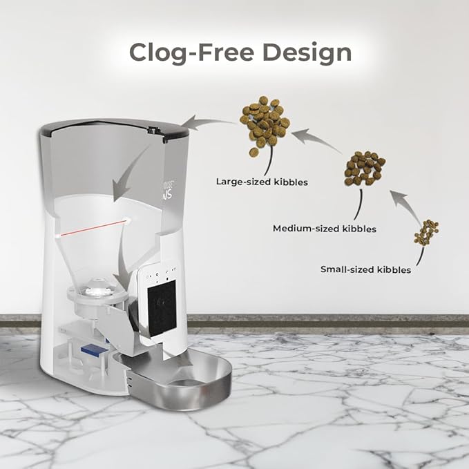 Smart HD Automatic Cat Feeder with 1080P Camera & Night Vision, 2-Way Audio, WiFi App Control, Anti-Jam 6L Cat Feeder with Backup Power, Easy to Clean, Up to 15 Meals for Cat & Dog, White Stainless