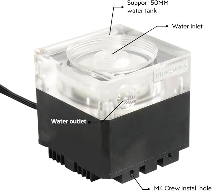 dracaena.io High Flow 650L/H PC Water Pump Combo with Colorful LED and 125ml 100mm (3.8in) Reservoir – 12W, 0.7A, 65mm x 65mm x 165mm (2.6 x 2.6 x 6.5in), Black