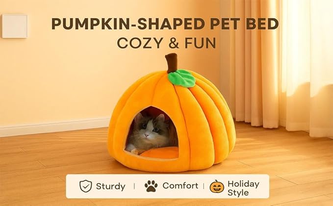 Cat Beds for Indoor Cats, Cute Pumpkin Shape Cat Tent with Removable Cushion Warm Cave Nest Bed Puppy House, Cat Small Dog (Orange)