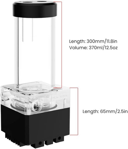 dracaena.io High Flow 650L/H PC Water Pump Combo with Colorful LED and 370ml 300mm (11.8in) Reservoir – 12W, 0.7A, 65mm x 65mm x 365mm (2.6 x 2.6 x 14.4in), Black