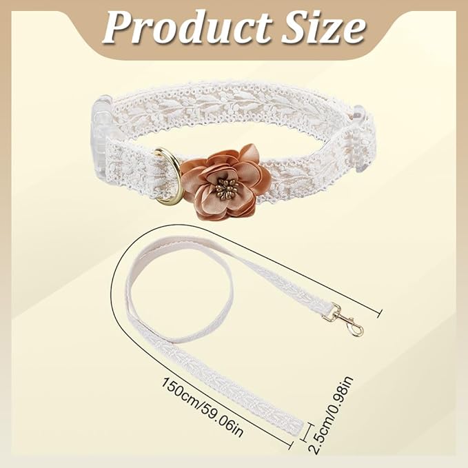 PLIGREAT Lace Puppy Collar, Beige Dog Collar and Leash Set Adjustable Lace Dog Collars with Flower Handmade Embroidered Metal Clasp for Large Dogs Pet Wedding Party Birthday Outfit, L