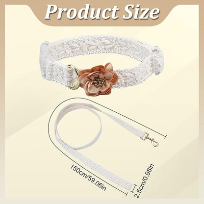 PLIGREAT Lace Puppy Collar, Beige Dog Collar and Leash Set Adjustable Lace Dog Collars with Flower Handmade Embroidered Metal Clasp for Large Dogs Pet Wedding Party Birthday Outfit, L