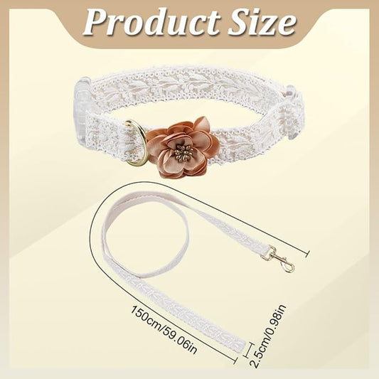 PLIGREAT Lace Puppy Collar, Beige Dog Collar and Leash Set Adjustable Lace Dog Collars with Flower Handmade Embroidered Metal Clasp for Large Dogs Pet Wedding Party Birthday Outfit, L