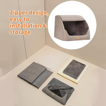 Large Dog House Indoor, Soft Plush Dogs Cave Bed Covered Pet Bed with Fluffy Washable Cushion, Portable Dog/Cat Pet Tent House for Small Medium Dogs (Grey, X-Large)