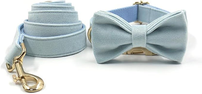 Personalized Velvet Dog Collars with Pet Name Phone Number Engraved, Custom Adjustable Soft Collar with Metal Buckle for Small Medium Large Dogs, Dog Leash and Bow Tie Available -Sky Blue
