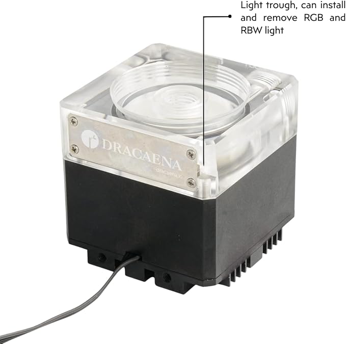 dracaena.io High Flow 650L/H PC Water Pump Combo with Colorful LED and 125ml 100mm (3.8in) Reservoir – 12W, 0.7A, 65mm x 65mm x 165mm (2.6 x 2.6 x 6.5in), Black