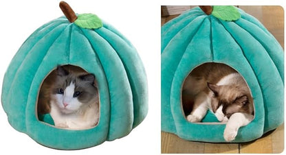 Cat Beds for Indoor Cats, Cute Pumpkin Shape Cat Tent with Removable Cushion Warm Cave Nest Bed Puppy House, Cat Small Dog (Peacock Blue)