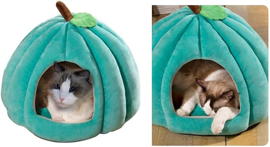 Cat Beds for Indoor Cats, Cute Pumpkin Shape Cat Tent with Removable Cushion Warm Cave Nest Bed Puppy House, Cat Small Dog (Peacock Blue)