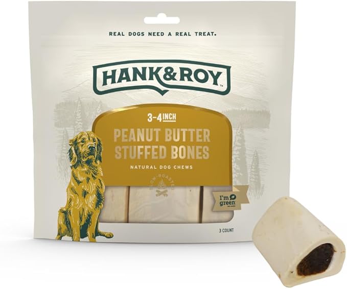 Hank & Roy All-Natural, Peanut Butter Filled Dog Bones, Long Lasting, Engaging Stuffed Shin Bones for Dogs, Individually Wrapped for Odor Control and Freshness