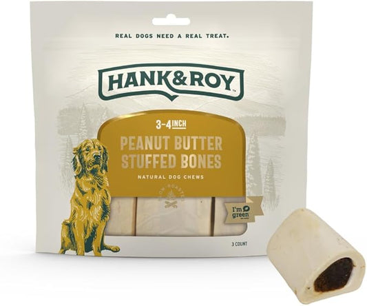 Hank & Roy All-Natural, Peanut Butter Filled Dog Bones, Long Lasting, Engaging Stuffed Shin Bones for Dogs, Individually Wrapped for Odor Control and Freshness
