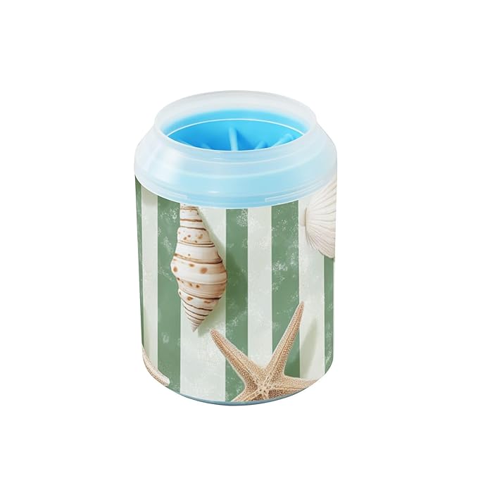Dog Paw Cleaner Cups for Dogs Pets Foot Washer Paw Scrubber for Medium Small Dogs Cats Cleaning Cup Green and White Stripes Starfishes and Seashells