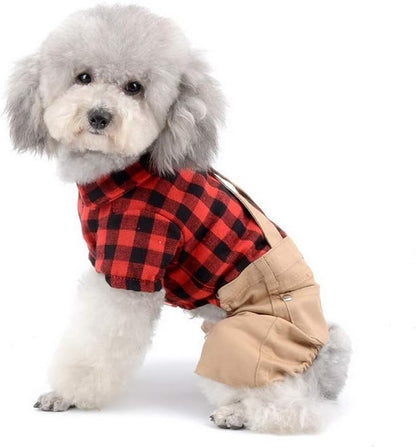 SMALLLEE_LUCKY_STORE Pet Clothes for Small Dog Cat Red Plaid Shirts Sweater with Khaki Overalls Pants Jumpsuit Outfits M