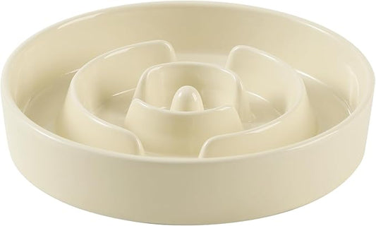 Ceramic 1.6 Cup Slow Feeder Dog Bowl for Medium and Large Breed, 8.2inch Puzzle Dog Food Dish, Anti-Gulping, Stop Bloat, Preventing Choking (Single Bowl-Beige)
