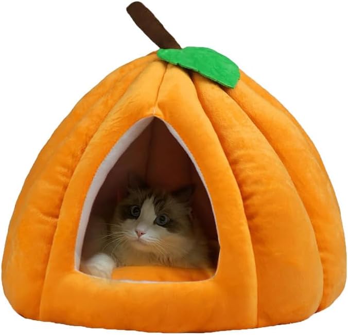 Cat Beds for Indoor Cats, Cute Pumpkin Shape Cat Tent with Removable Cushion Warm Cave Nest Bed Puppy House, Cat Small Dog (Orange)