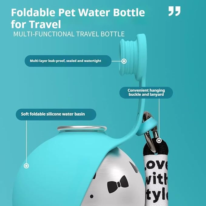 2026 New 2-in-1 Portable Dog Water Bottle for Small Dogs, Foldable Pet Water Bottle, 304 Stainless Steel Compact Dog Drinking Bottles Leak Proof & Silicone Bowl for Walking Hiking (Blue A)