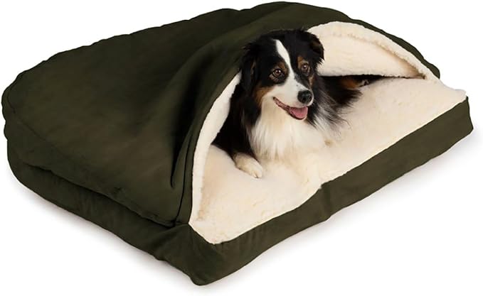 Snoozer Rectangle Cozy Cave Dog Bed - Indoor Dog Bed with Cover Cave, Covered Calming Burrow for Large Sized Pets with Blanket Attached, Enclosed, Washable Cover - XL, Olive