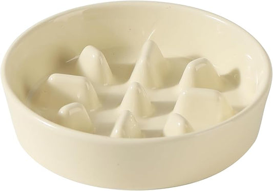 Ceramic 1.2 Cup Dog Bowl Slow Feeder, 7.3 inch Slow Pet Food Dish for Medium and Small Dog, Stop Bloat, Preventing Choking(Single Bowl, Beige)