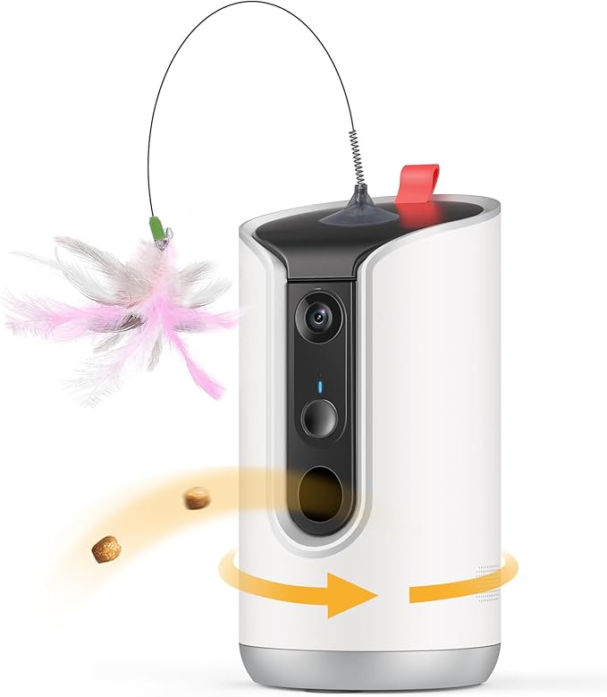 2K Cat Camera Treat Dispenser, AI Photo Album, Pet Camera with 360° Auto Tracking & 5G/2.4G WiFi, 2-Way Talk, Remote Treat Tossing, Motion Alerts for Dogs Indoor, White