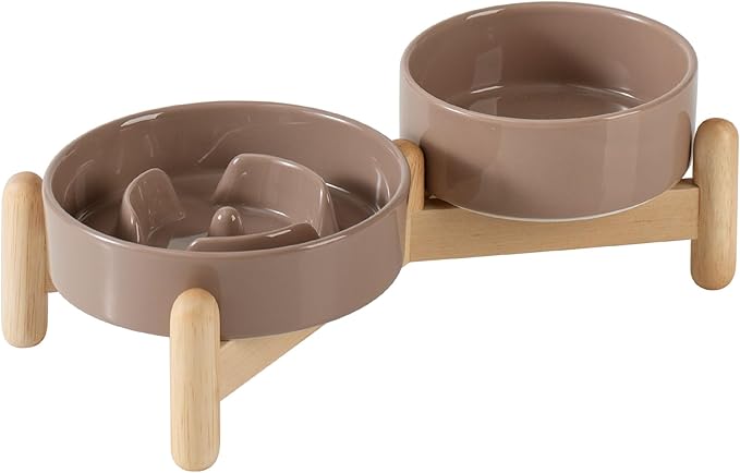 Ceramic 0.9 Cup Raised Slow Feeder Dog Bowl Set, Elevated 5.1inch Water Bowl and 6.1inch Puzzle Slow Pet Food Dish with Wooden Stand for Small Dog and Cat (2 x Brown Coffee+ Stand)