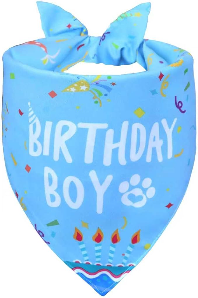 Dog Birthday Bandana for Large and X-Large Boy Dogs - Reversible Blue Confetti Party Print Scarf - Adjustable Pet Costume for Celebrations & Photos