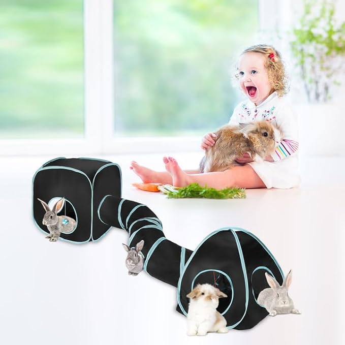 BWOGUE Bunny Tunnels & Tubes Collapsible Rabbit Hideout Tube and Foldable Cubes Playground Small Animal Activity Hideaway for Dwarf Rabbits Bunny Guinea Pigs Kitty (Blue Black)