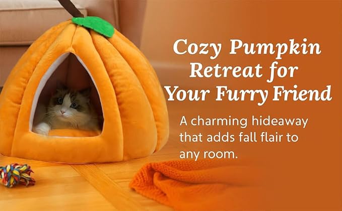 Cat Beds for Indoor Cats, Cute Pumpkin Shape Cat Tent with Removable Cushion Warm Cave Nest Bed Puppy House, Cat Small Dog (Peacock Blue)
