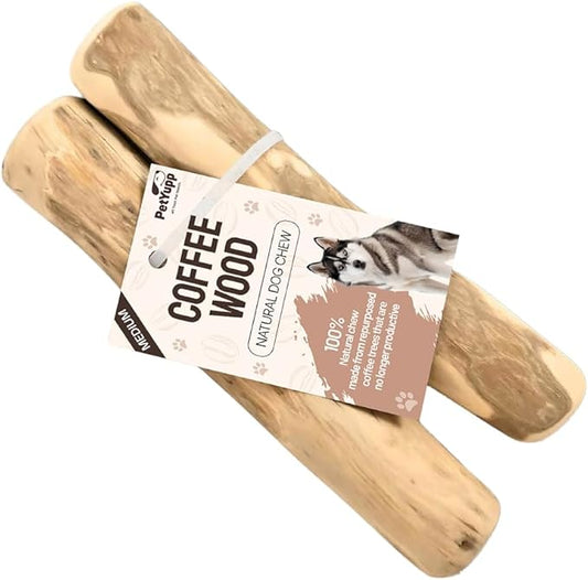 Natural Coffee Wood Dog Chew Medium, 2 Count - Promotes Dental Health, Reduces Tartar & Chewing Exercise for Aggressive Chewers, Small, Medium & Large Dogs - Safe Chew Toy for Puppy