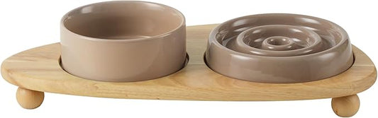 Ceramic Slow Cat Feeder Bowl, Raised Slow Cat Food Bowl, Elevated Cat Water Bowl with Wooden Stand, Pet Slow Feeder Bowl, Circle Shape. (2 x Bowl with Stand - Brown Coffee, 6inch)