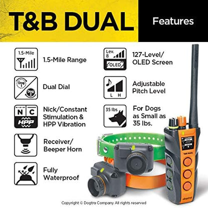 Dogtra T&B Dual Dial 2-Dogs Remote Training and Beeper Collar - 1.5-Mile-Long Range, Sports Upland Hunting, Fully Waterproof, Rechargeable, Static, Locate - Includes PetsTEK Trainer Clicker