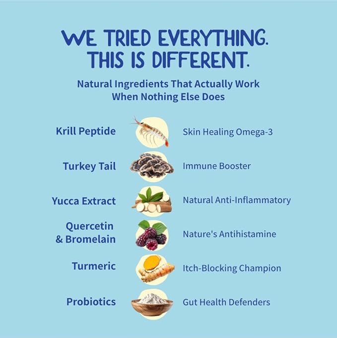 Fifth & Fido Better Than Dog Allergy Chews for Itching & Skin Relief - Natural Dog Allergy Relief - Anti-Itch Supplement with Turkey Tail, Quercetin & Probiotics – Seasonal Hot Spot Treatment