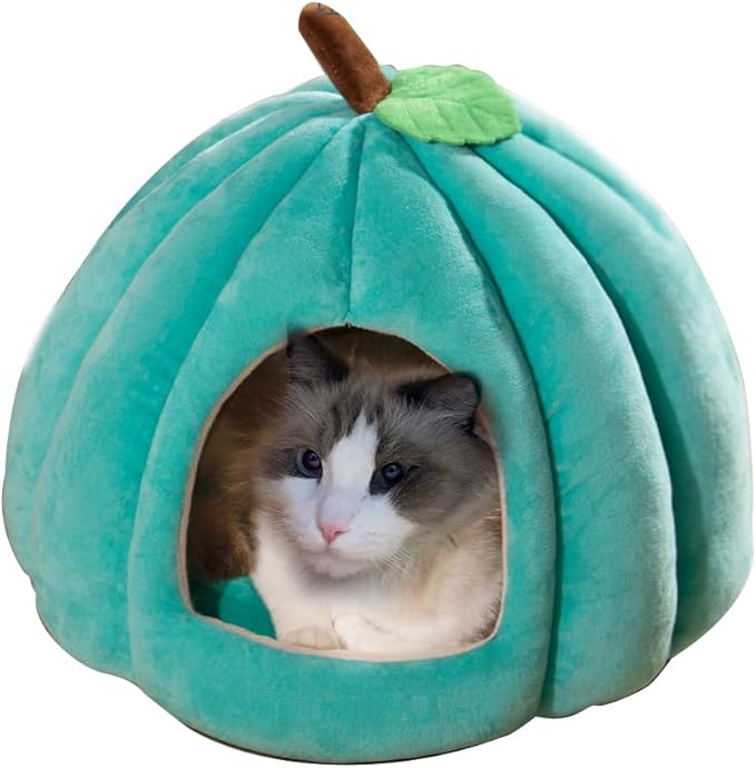 Cat Beds for Indoor Cats, Cute Pumpkin Shape Cat Tent with Removable Cushion Warm Cave Nest Bed Puppy House, Cat Small Dog (Peacock Blue)