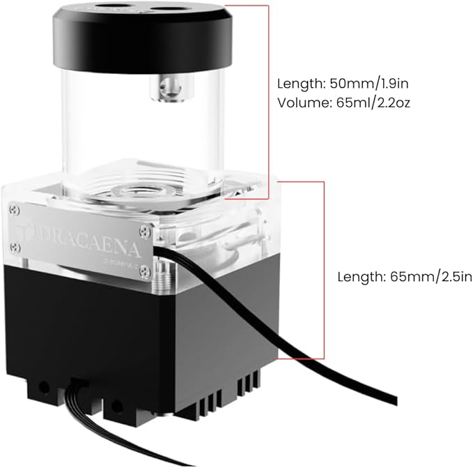 dracaena.io High Flow 650L/H PC Water Pump Combo with Colorful LED and 65ml 50mm (1.9in) Reservoir – 12W, 0.7A, 65mm x 65mm x 115mm (2.6 x 2.6 x 4.5in), Black