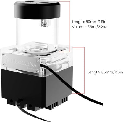 dracaena.io High Flow 650L/H PC Water Pump Combo with Colorful LED and 65ml 50mm (1.9in) Reservoir – 12W, 0.7A, 65mm x 65mm x 115mm (2.6 x 2.6 x 4.5in), Black