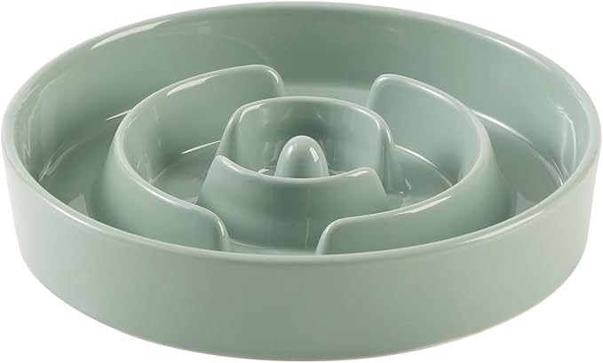Ceramic 1.2 Cup Slow Feeder Dog Bowl for Medium and Small Breed, 7.3inch Puzzle Dog Food Dish, Anti-Gulping, Stop Bloat, Preventing Choking (Single Bowl-Light Green)