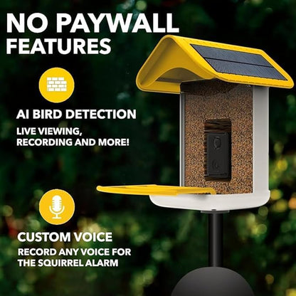Easy Quick Set Up, Smart Bird Feeder with Camera - Dual Solar Panels,1080P High-Definition Wireless Outdoor Video, Durable with Squirrel Alarm for Home, Back Yard, and Identify 10,000+ Bird Species
