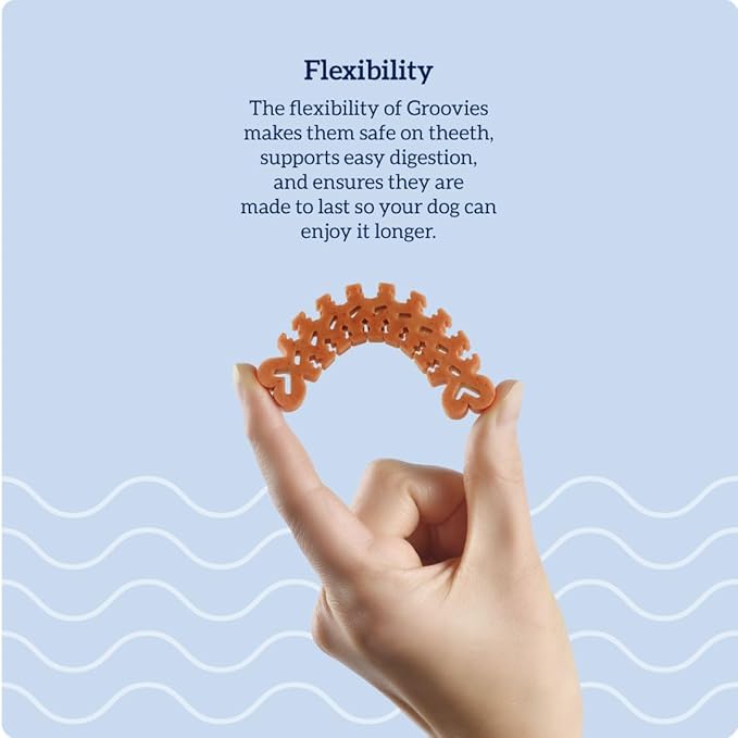 Groovies Flexible, Yet Moderately Tough Daily Dog Dental Chews. Powered by USA-Patented DentalFit Technology. No Added Gluten, No Artificial Flavors or Colors. Original 6oz Large (6Chews)