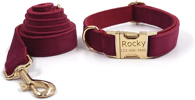 Personalized Velvet Dog Collars with Pet Name Phone Number Engraved, Custom Adjustable Soft Collar with Metal Buckle for Small Medium Large Dogs, Dog Leash and Bow Tie Available -Claret