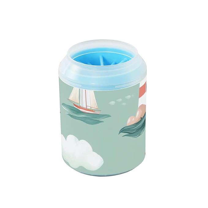 Dog Paw Cleaner Cups for Dogs Pets Foot Washer Paw Scrubber for Medium Small Dogs Cats Cleaning Cup Lighthouses Clouds and Seagulls Green