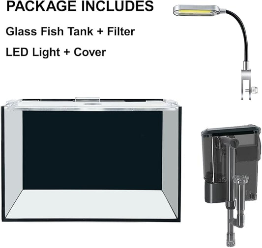 AQUA DAREN 2.5 Gallon Fish Tank Starter Kits, with Led Light, Filter Pump, Cover, Small Fish Tank Betta Aquarium (30x18x20CM)