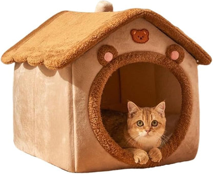 Cat Bed for Indoor Cats,Cozy Cat Cave Bed Cat House Cat Tent with Removable Cushion Pillow,Soft Warm Pet House Puppy Bed,Cute Bear Pet Nest for Cat Kitten Small Dogs (Brown, S-15.8x12.6x13.8 Inches)
