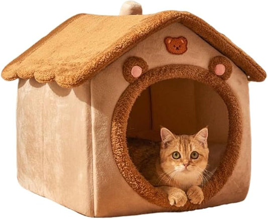 Cat Bed for Indoor Cats,Cozy Cat Cave Bed Cat House Cat Tent with Removable Cushion Pillow,Soft Warm Pet House Puppy Bed,Cute Bear Pet Nest for Cat Kitten Small Dogs (Brown, S-15.8x12.6x13.8 Inches)