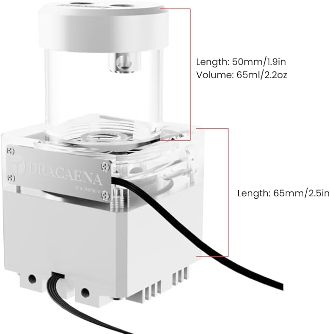 dracaena.io High Flow 650L/H PC Water Pump Combo with Colorful LED and 65ml 50mm (1.9in) Reservoir – 12W, 0.7A, 65mm x 65mm x 115mm (2.6 x 2.6 x 4.5in), White