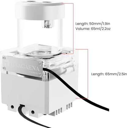 dracaena.io High Flow 650L/H PC Water Pump Combo with Colorful LED and 65ml 50mm (1.9in) Reservoir – 12W, 0.7A, 65mm x 65mm x 115mm (2.6 x 2.6 x 4.5in), White