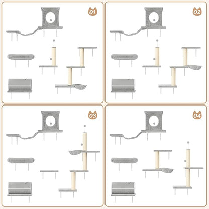 NUNU LAB 14-in-1 Cat Wall Shelves Set, Wall-Mounted Cat Climber with Bridge, Tunnel, House, Scratcher, Steps, Indoor Space-Saving Furniture for Kittens Play, Gray
